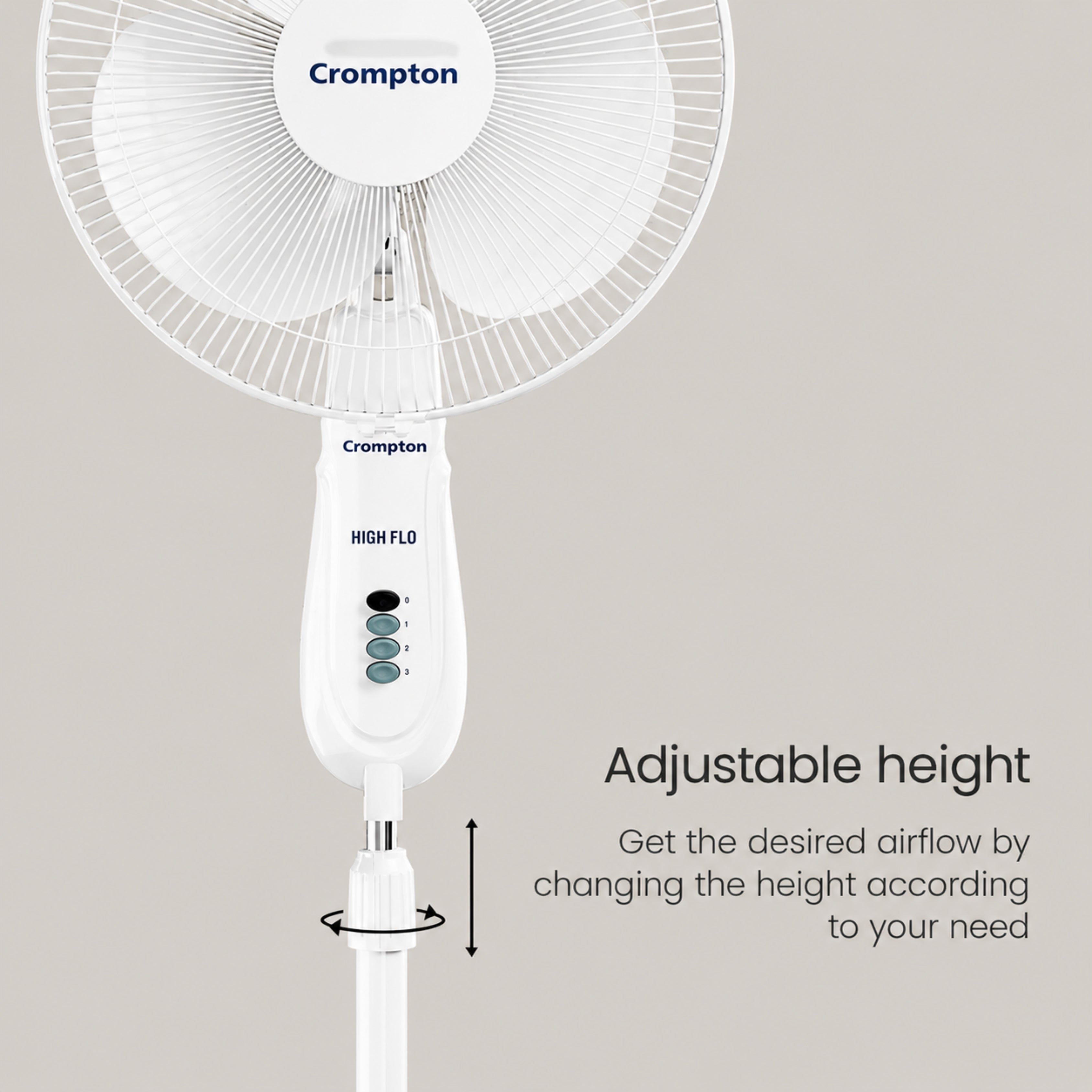 Crompton Hiflo 400mm Pedestal Fan | 1350 RPM | 75 CMM Air Delivery | 50W Power | Adjustable Height | 3 Blades | 2 Year Warranty