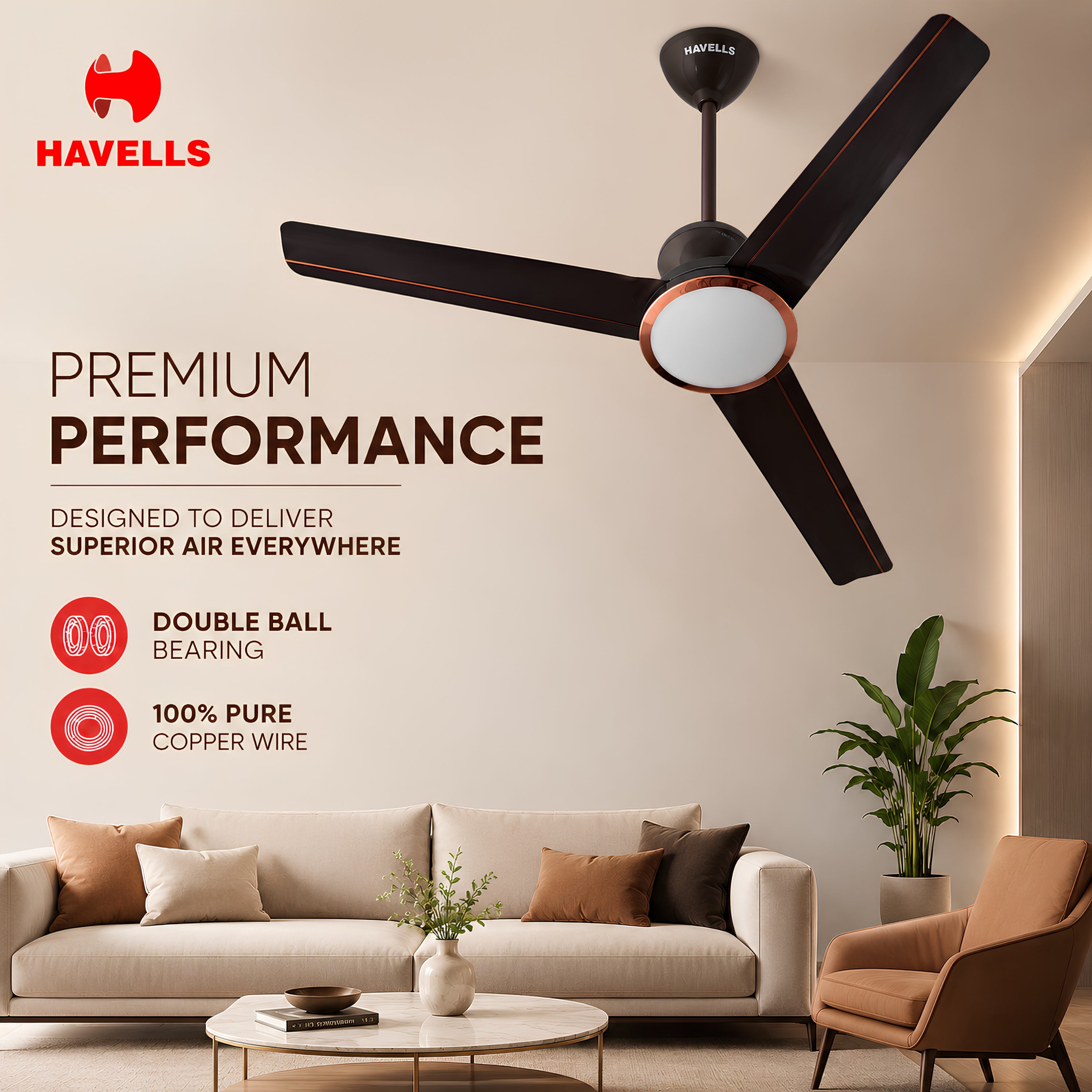 Havells Trinity Underlight 1200mm Ceiling Fan with Remote Control & LED Underlight | Premium Decorative Fan | Dusk LT Brown