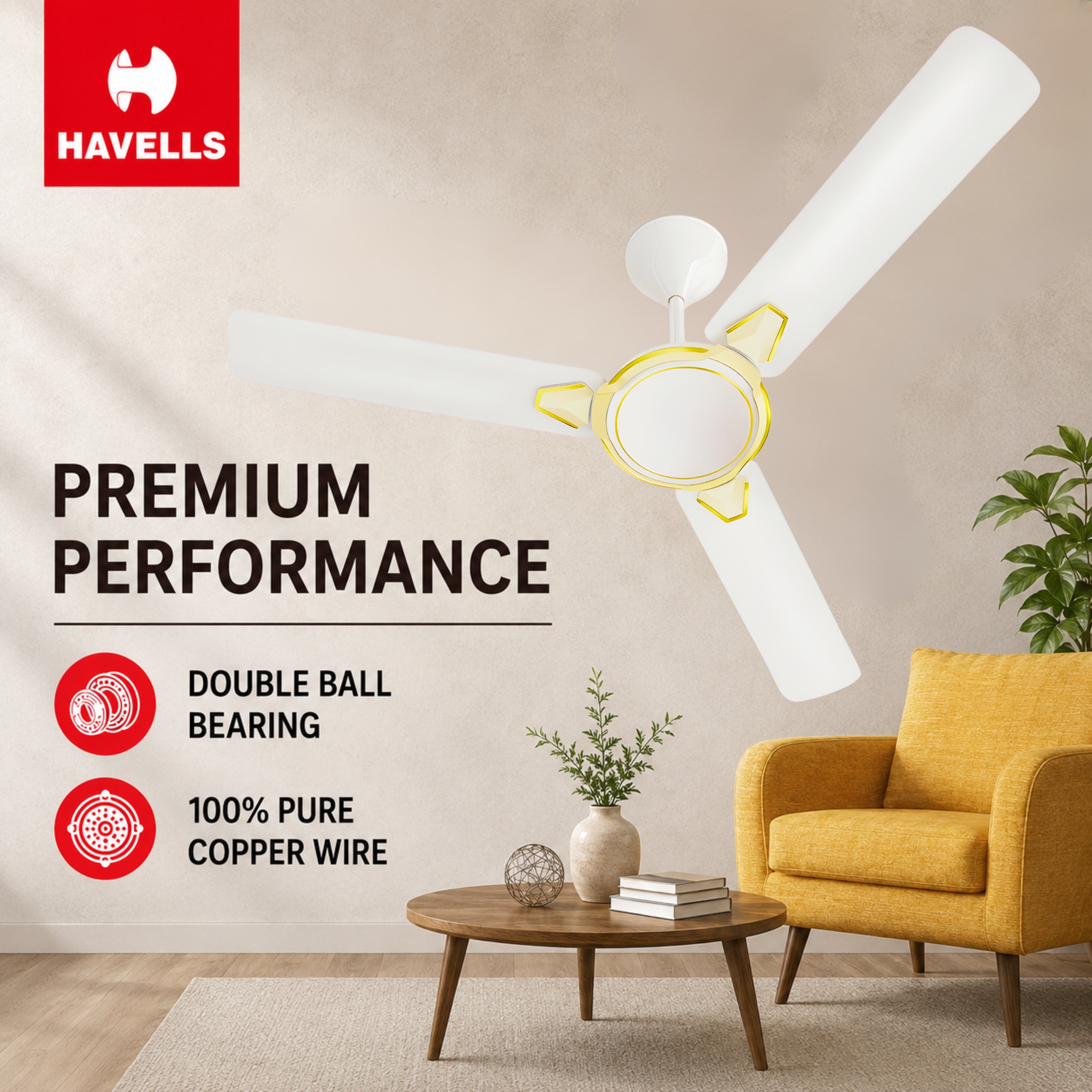 Havells Equs 1200mm Ceiling Fan Pearl Ivory White – High Speed Copper Motor Decorative Fan