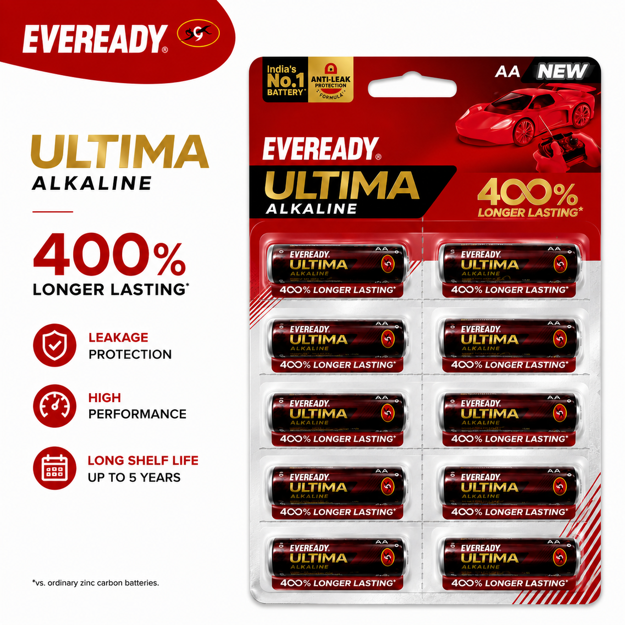 Eveready ultima Alkaline AA battery 400% longer lasting (10 pieces cell)